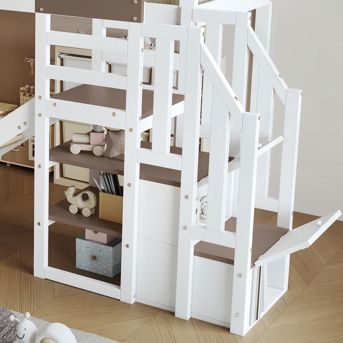 ETAGENBETT aus Kiefer und MDF 90x200 cm Weiß mit Rutsche, Stauraumtreppe und Fenstern - Weiß, Holzwerkstoff (90/200cm) - Modfu
