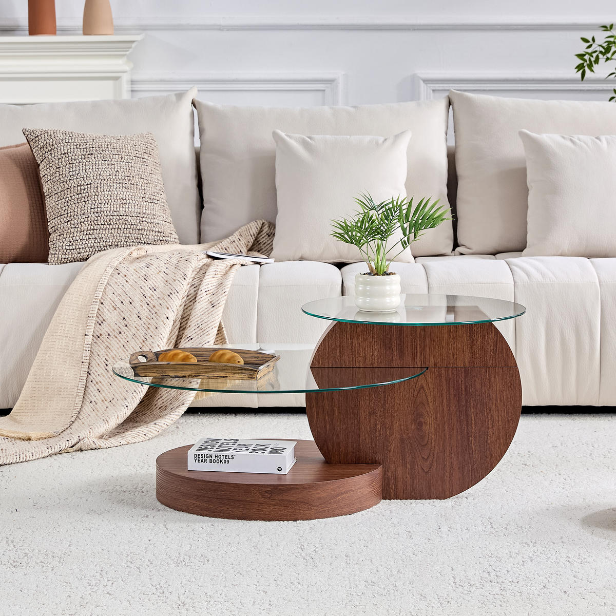 COUCHTISCH 70/70/44 cm transparent walnussfarben aus Holzwerkstoff und Glas mit mehrstufigen Ablageflächen - Walnussfarben, Holzwerkstoff (70/70/44cm) - OKWISH