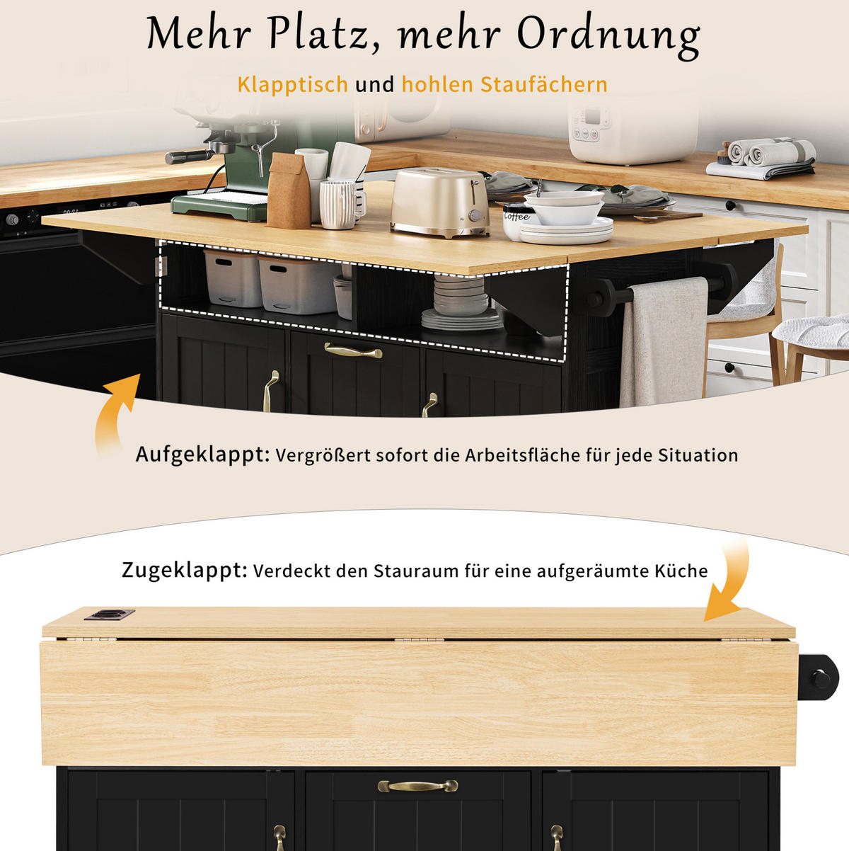 KÜCHENINSEL 120/92/40-60-80 cm Schwarz/Natur aus MDF mit Klapptisch - Schwarz, Holzwerkstoff (80/92/120cm) - OKMYHOME