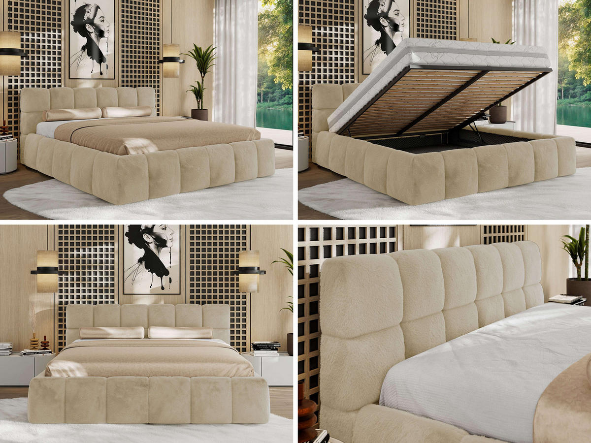 POLSTERBETT NIRA CLASSIC 200/200 - Creme Plüsch - Pocket-Matratze - Creme, Textil (200/200cm) - MKS