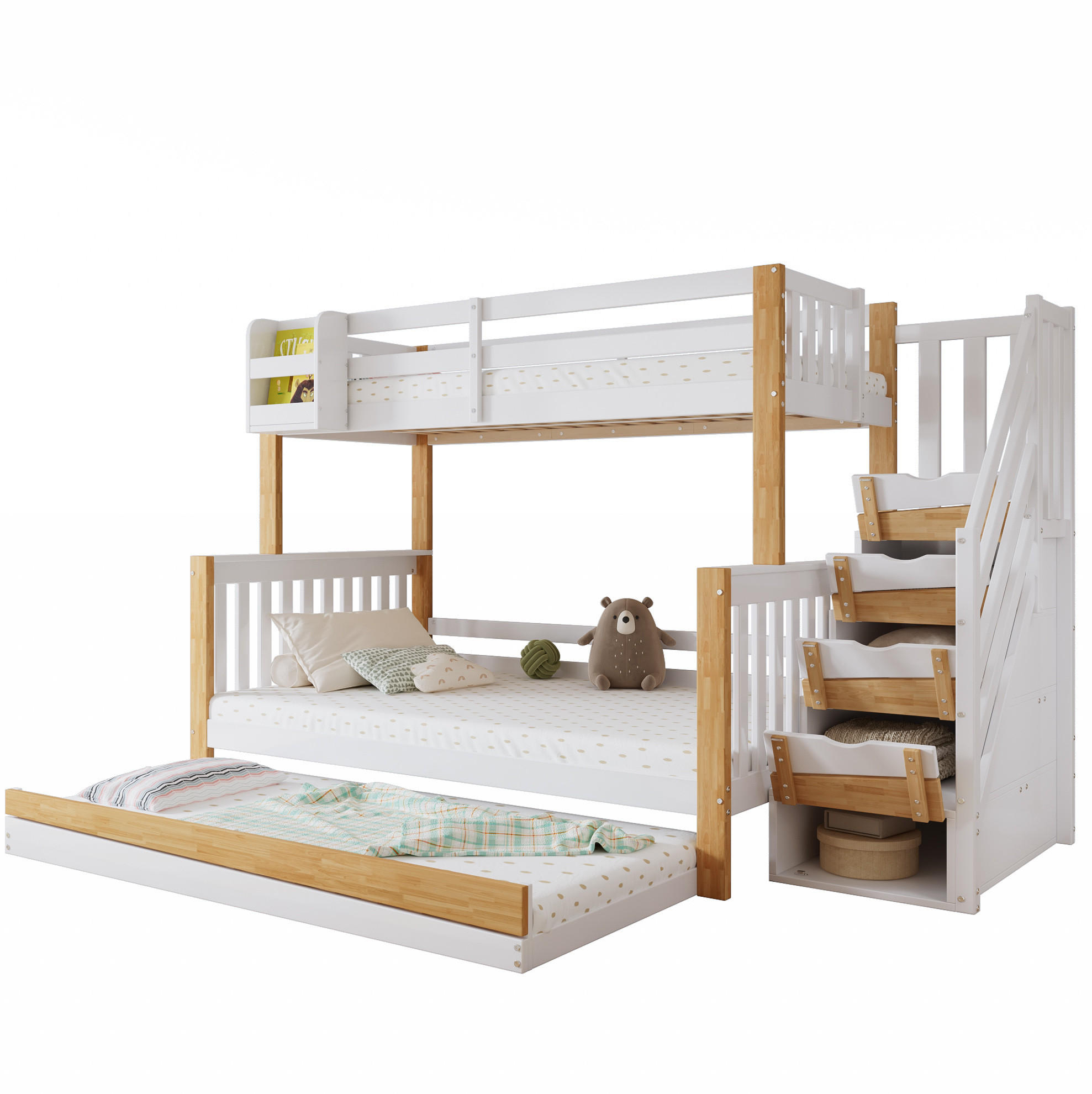 ETAGENBETT 90/120/200 cm mit Rollbett und Stauraumtreppe in Weiß/Natur - Weiß, Holz (90/200cm) - Flora Grace