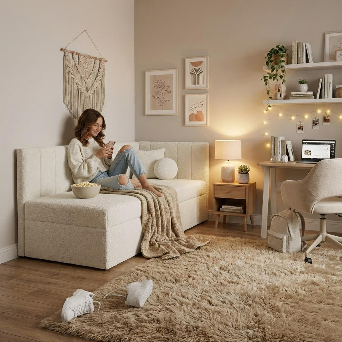 SCHLAFSOFA Rafi, Eckbett mit Bettkasten, 90x200 cm, Beige - Beige, Textil (209/94/102cm) - Beautysofa