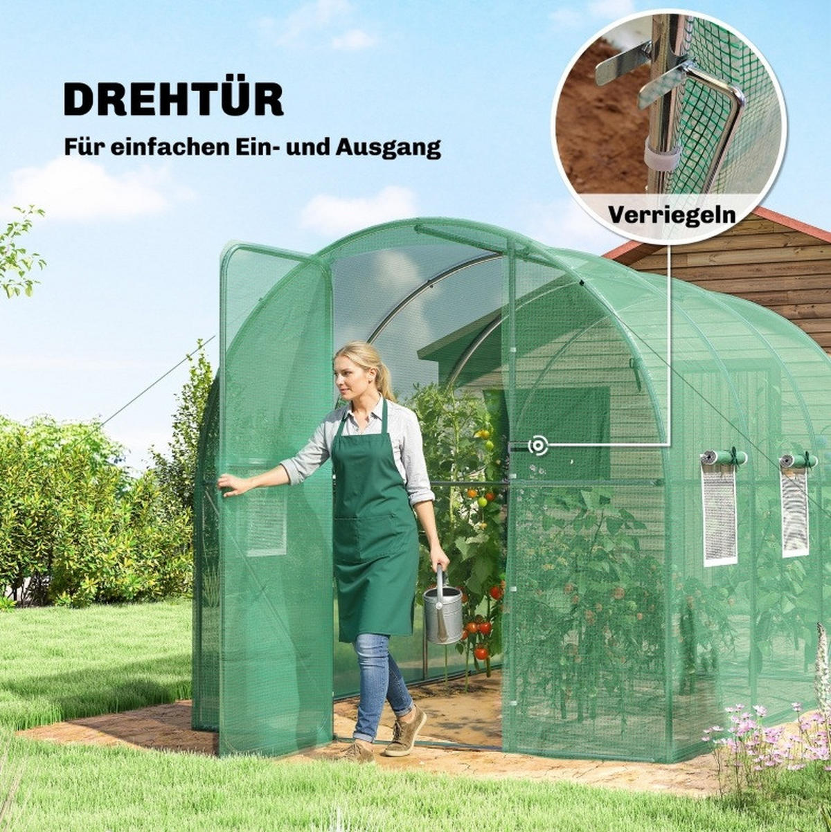 GEWÄCHSHAUS aus Polyethylen 200x300x200 cm in Grün mit 6 Netzfenstern - Grün, Kunststoff (300/200/200cm) - Modfu