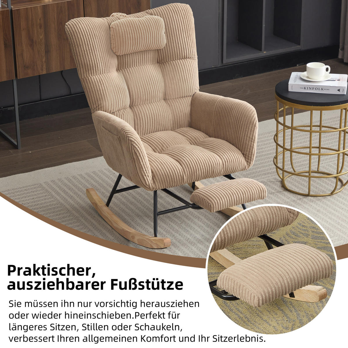 SCHAUKELSTUHL gepolstert hoher Rücken Stoff Braun Sessel - Braun, Textil (102/92/65cm) - FLIEKS