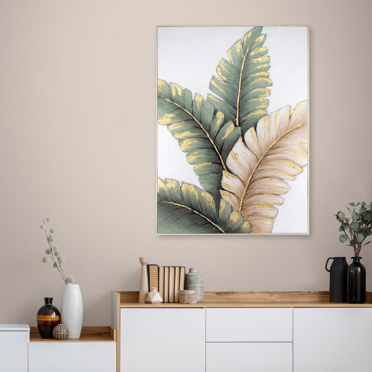 LEINWANDBILD Lush Leaves 280x300 cm - Beige/Goldfarben, Holzwerkstoff (70/1cm) - Art for the Home