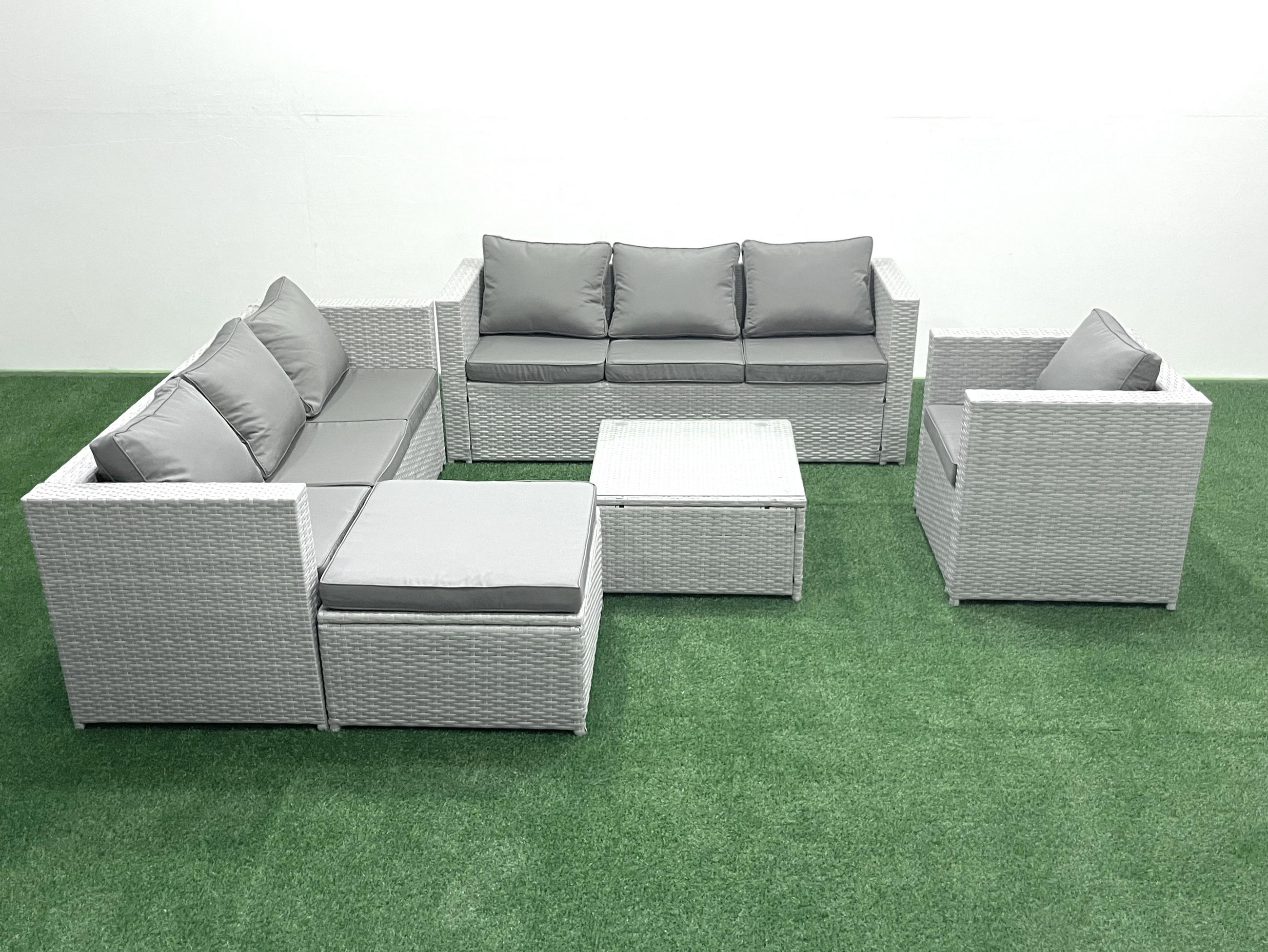 GARTENMÖBEL-SET mit Kissen Polyrattan Hellgrau-Mix 8-Sitzer - Hellgrau/Grau, Glas/Kunststoff - Fimous