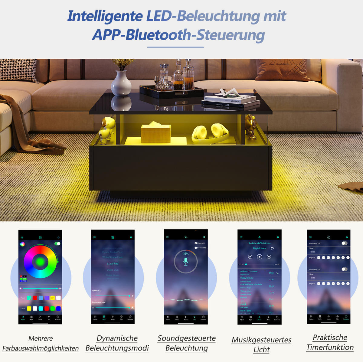 COUCHTISCH aus Spanplatte 70x70x41 cm Schwarz mit LED-Beleuchtung, 2 Schubladen und Präsentationsbereich - Schwarz, Holzwerkstoff (70/70/41cm) - IVMEU