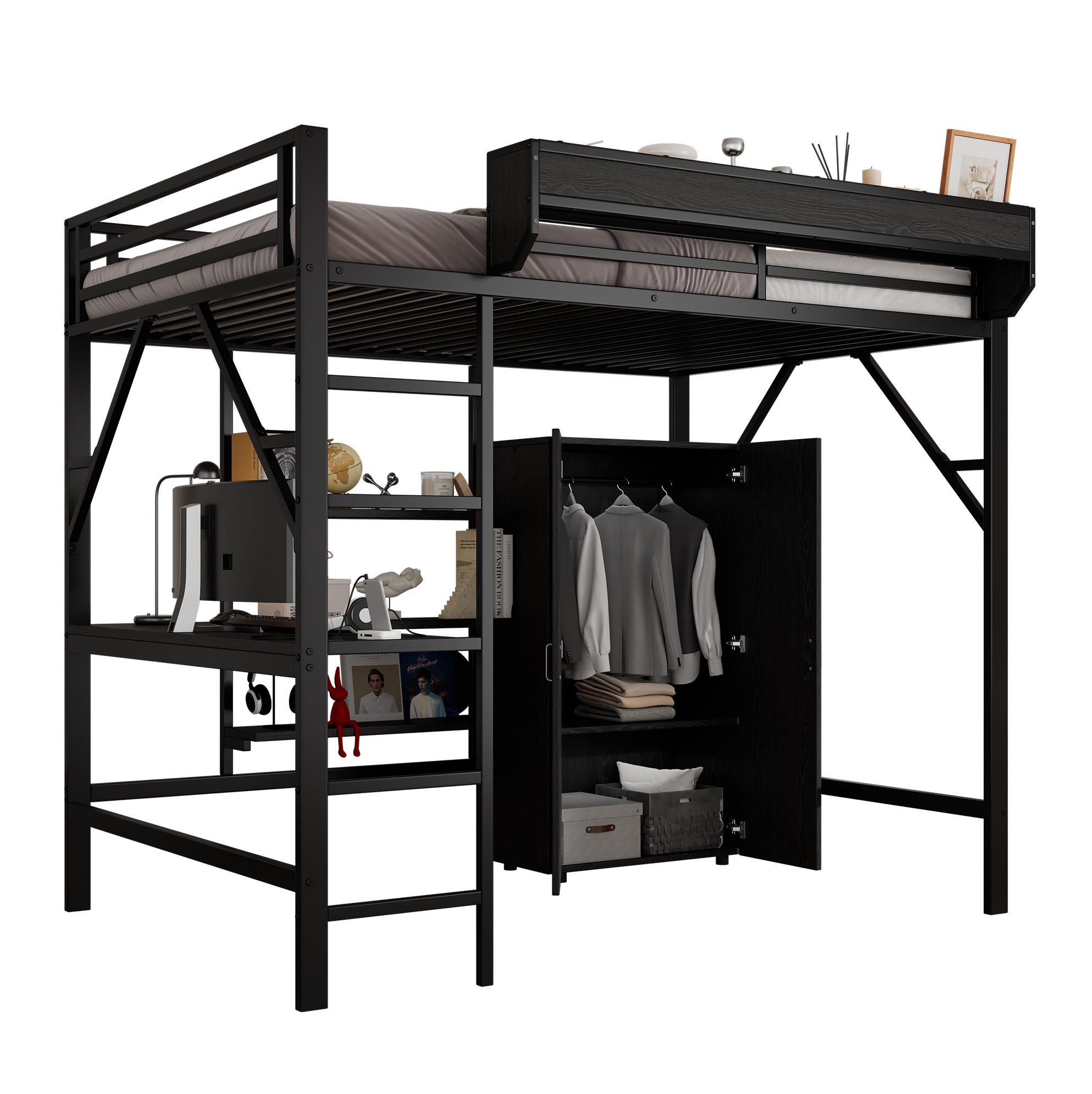 HOCHBETT 140/200 cm mit Schreibtisch, Kleiderschrank, Ablage und viel Stauraum, Schwarz - Schwarz, Holzwerkstoff (140/200cm) - Redom