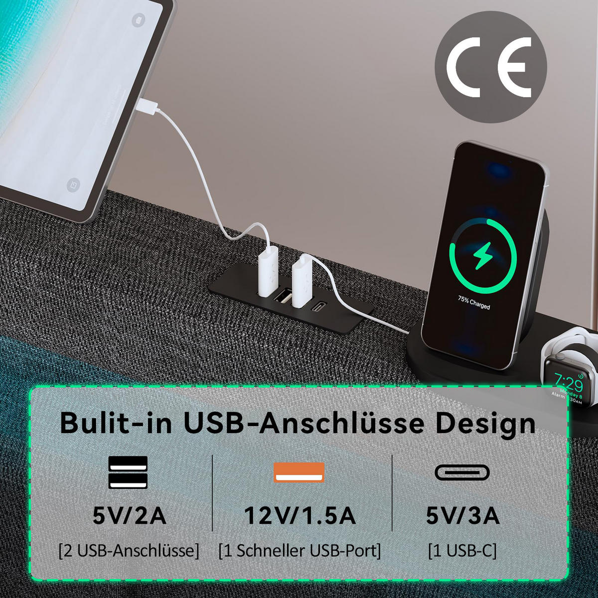 POLSTERBETT 90/200 cm mit USB-, Typ-C-Ladefunktion, LED-Beleuchtung und 2 Schubladen, Grau - Grau, Textil - Redom