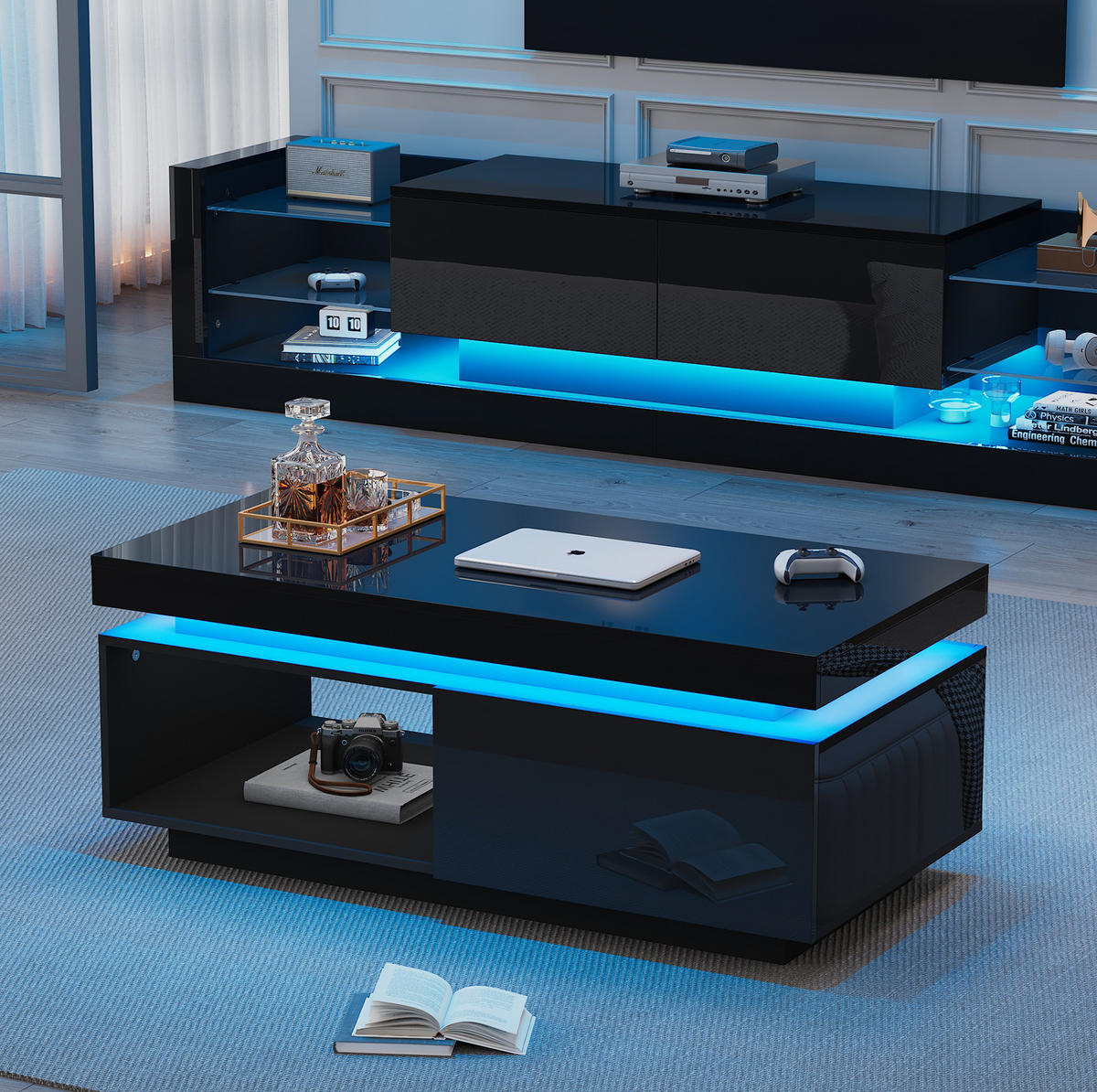 COUCHTISCH 100/50/40,3 cm Schwarz mit LED-Beleuchtung und Schublade - Schwarz, Holzwerkstoff (100/50/40cm) - OKWISH
