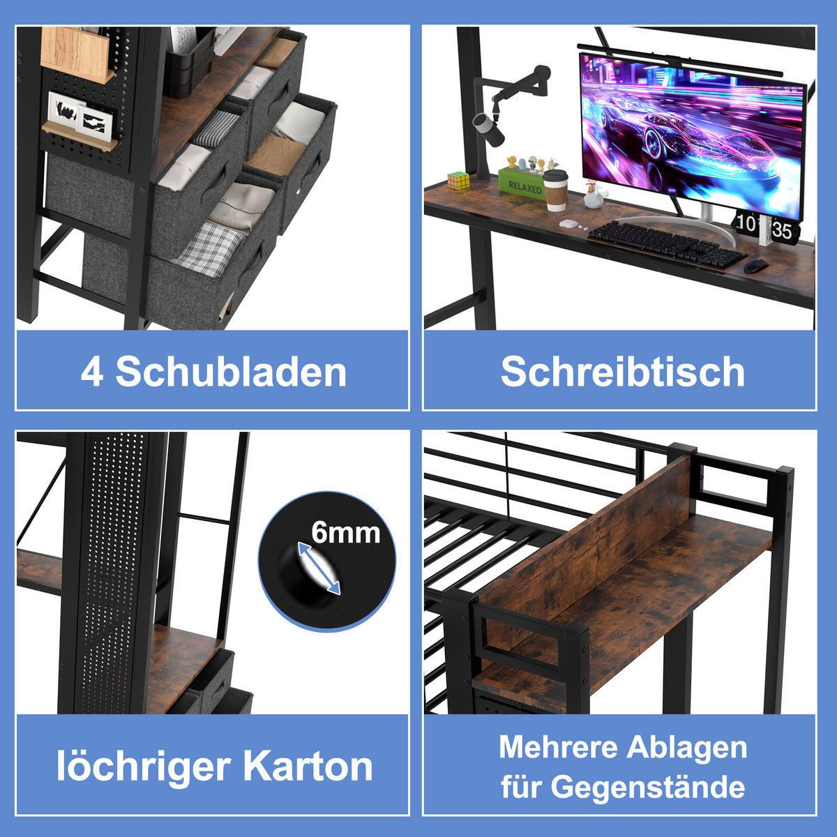 HOCHBETT 90/200 cm Schwarz mit Schreibtisch und LED-Beleuchtung - Schwarz, Metall (90/200cm) - OKWISH