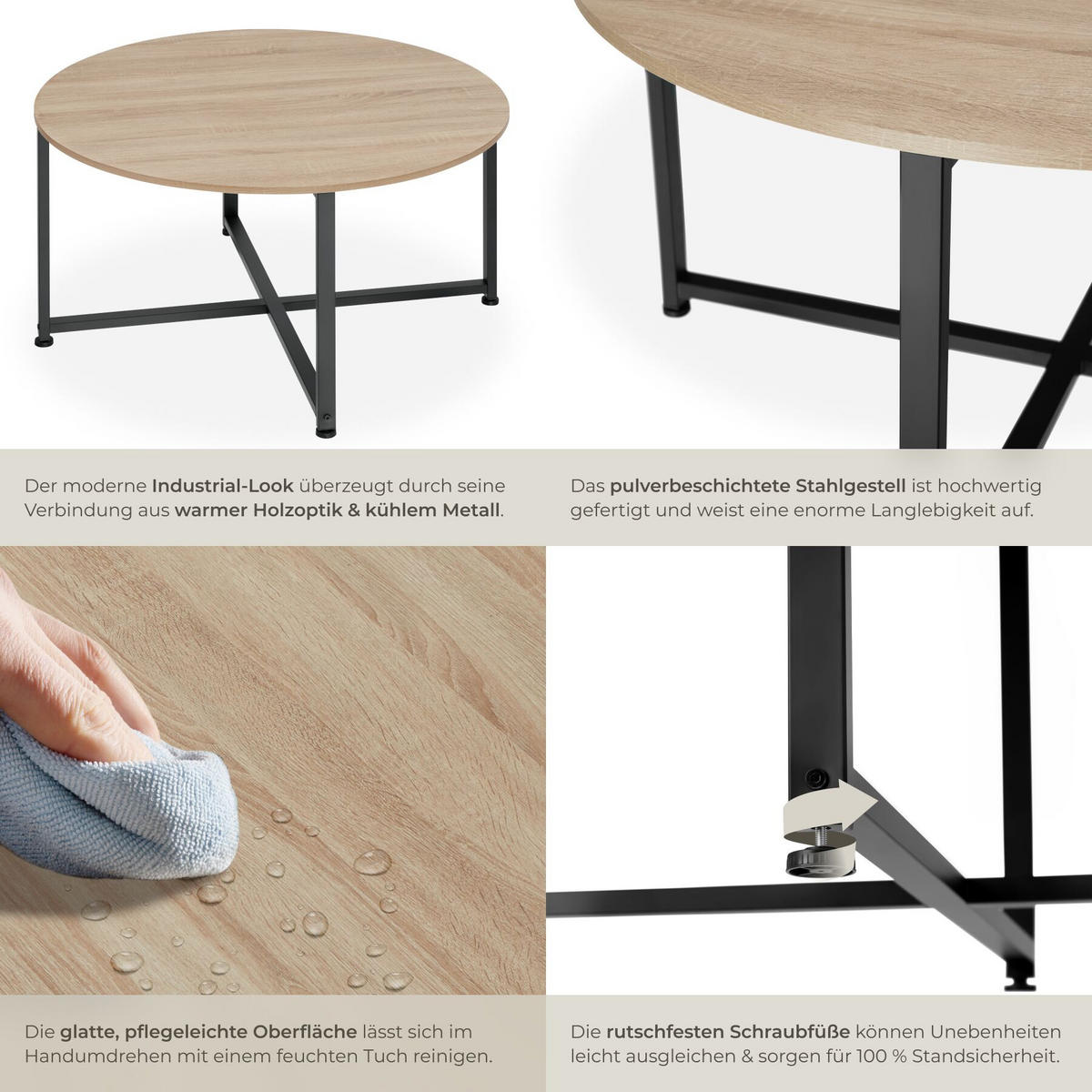 COUCHTISCH Aberdeen, 88,5 x 47 cm, Industrial Holz hell, Eiche Sonoma - Naturfarben, Holz (88.5/88.5/47cm) - tectake