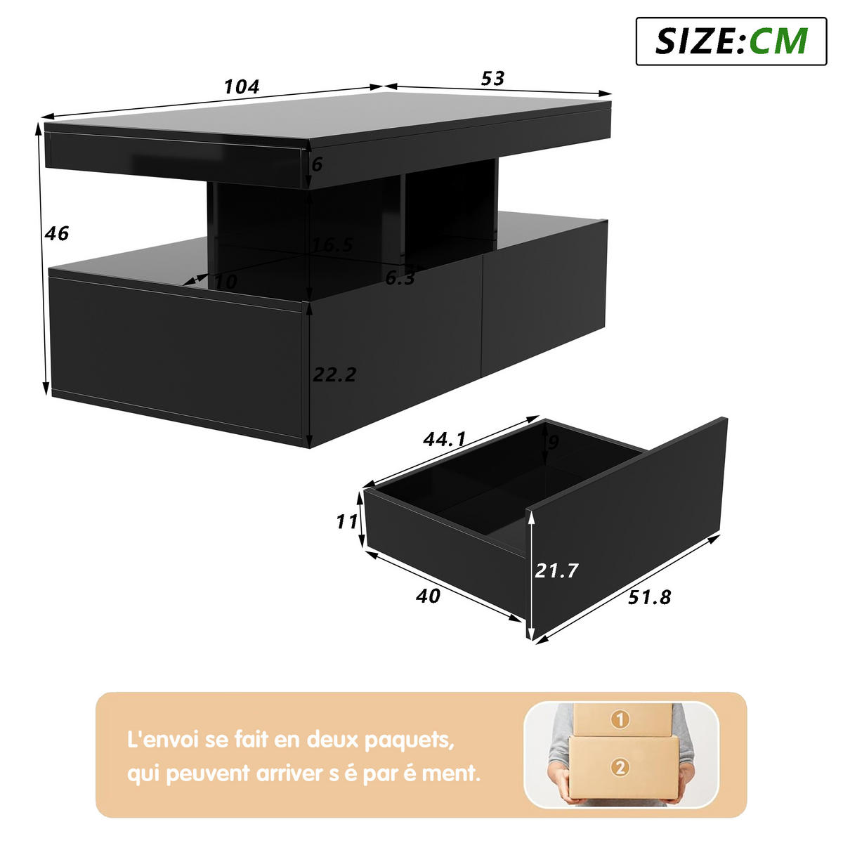 COUCHTISCH 104 x 53 x 46 cm, Wohnzimmertisch mit LED-Beleuchtung und Schubladen,Schwarz - Schwarz, Metall (104/53/46cm) - PARAFTA HOME