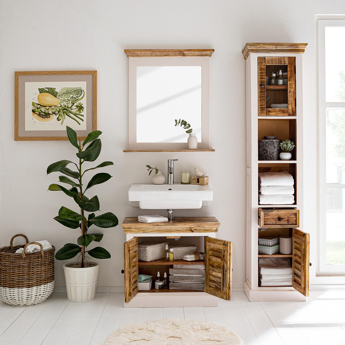 WASCHBECKENUNTERSCHRANK - Teilmassivholz Mango - Weiß, Holz/Metall (70/60/40cm) - home24