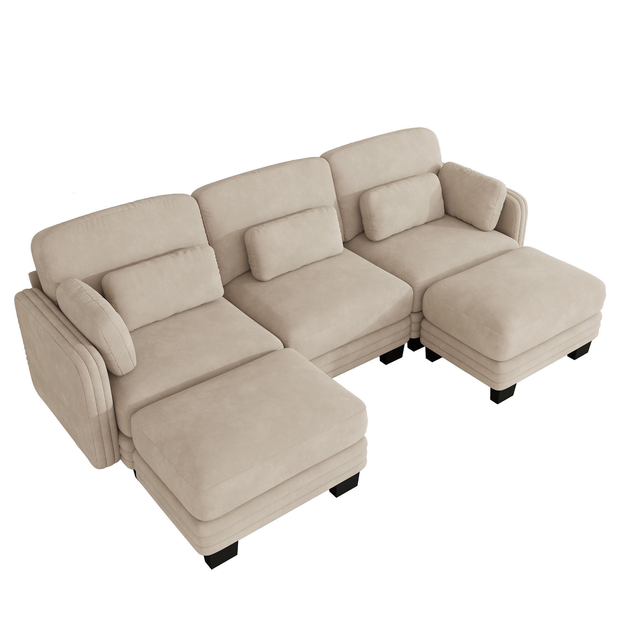 WOHNLANDSCHAFT U-Form 3-Sitzer mit 2 Hockern, DE-42686, Hellbraun - Hellbraun, Holz (253/88/143cm) - ComfortXL