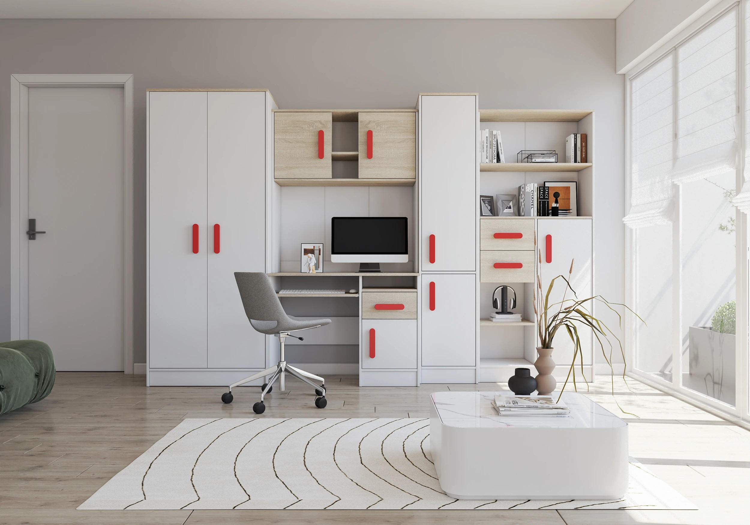 JUGENDZIMMER Wohnwand Colorino in Weiß und Eiche Sonoma – mit roten Griffen 5 teilig - Kinderzimmer Komplett - Weiß, Holzwerkstoff (80/200/120cm)