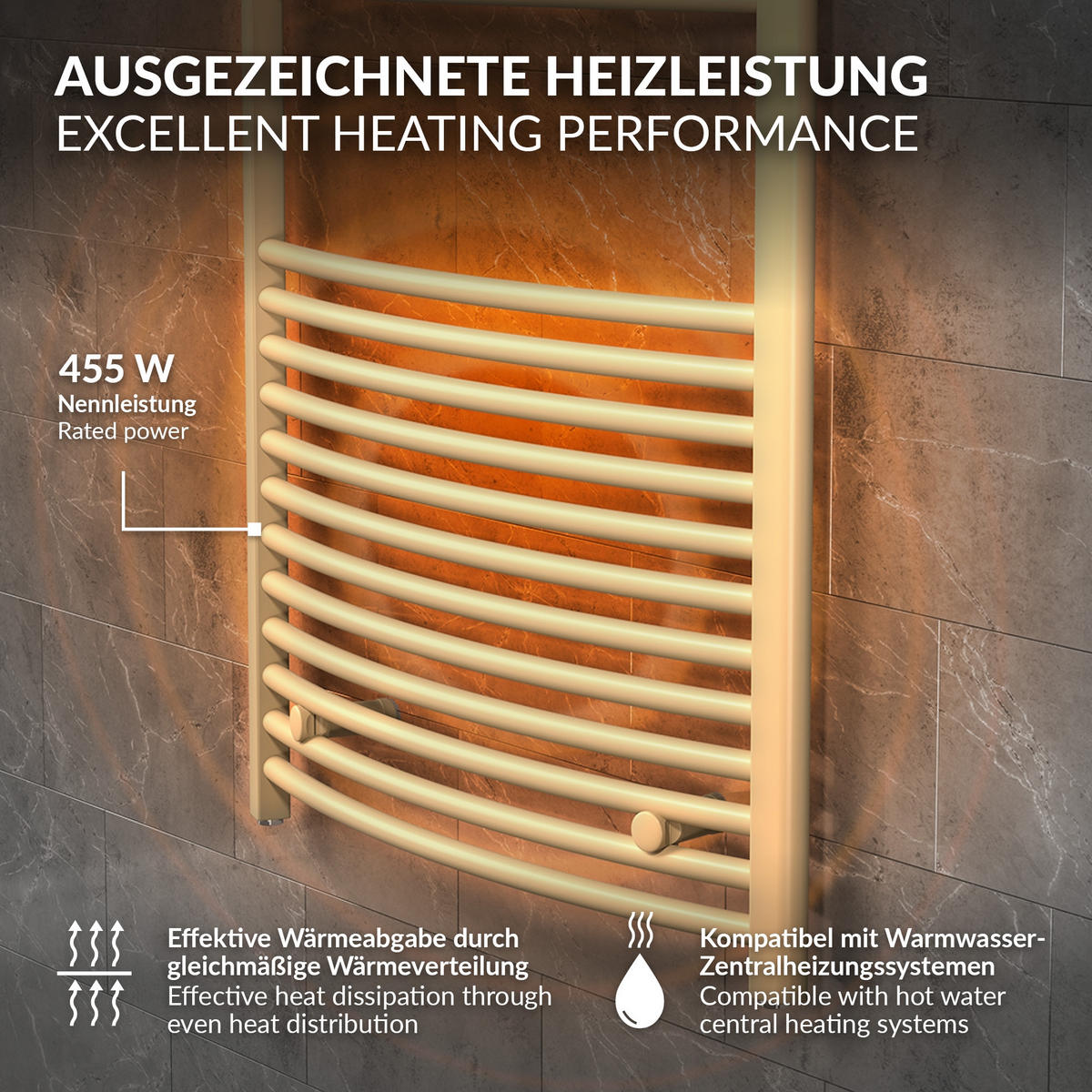 RUČNÍKOVÝ radiátor 500 x 1200 mm, béžový, zakřivený, s bočním připojením - béžová, kov (50/120/3cm) - LuxeBath