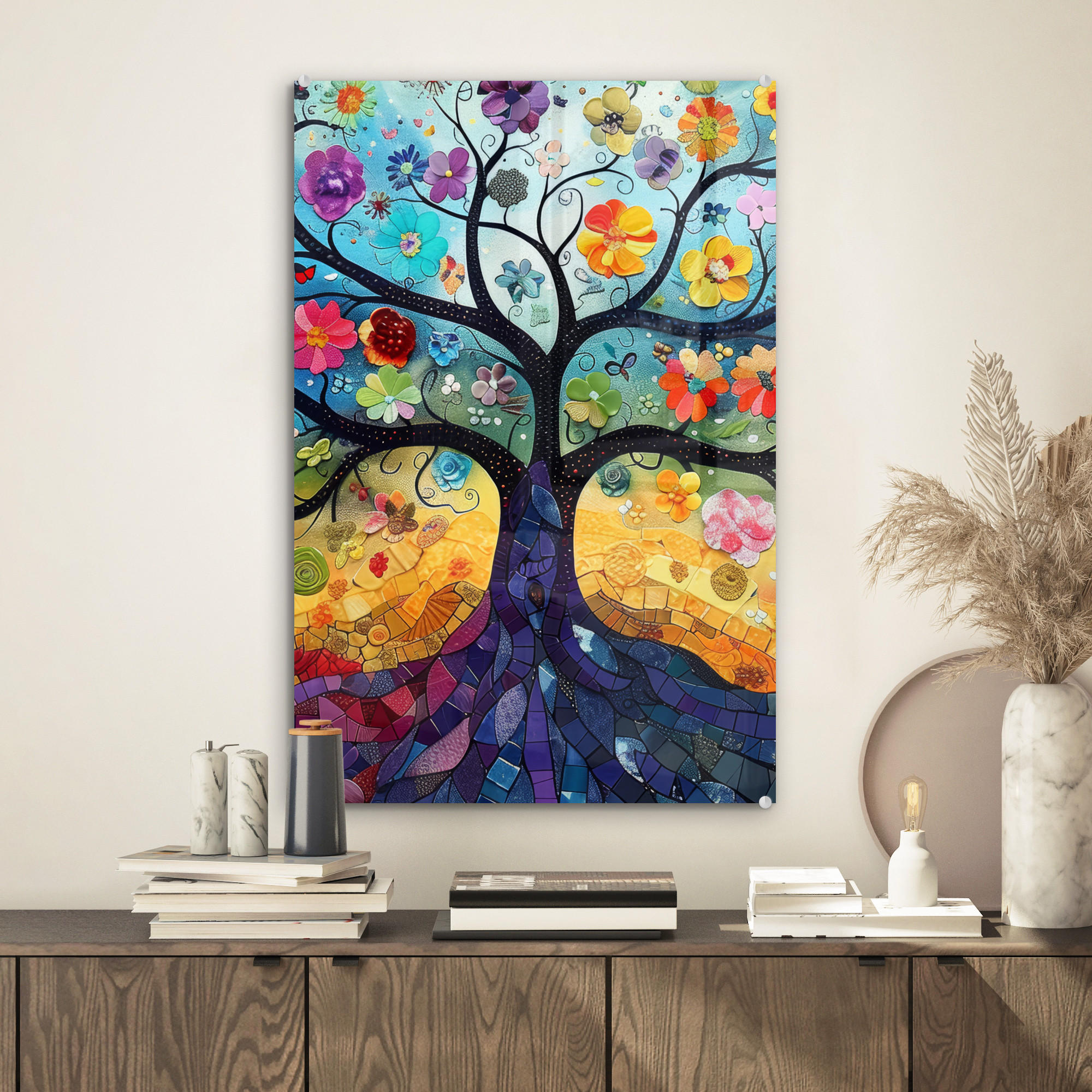ACRYLGLASBILD Kunst - Baum des Lebens - Blumen - Hippie 40x60 cm - Dunkelblau, Glas (40/60cm) - MuchoWow
