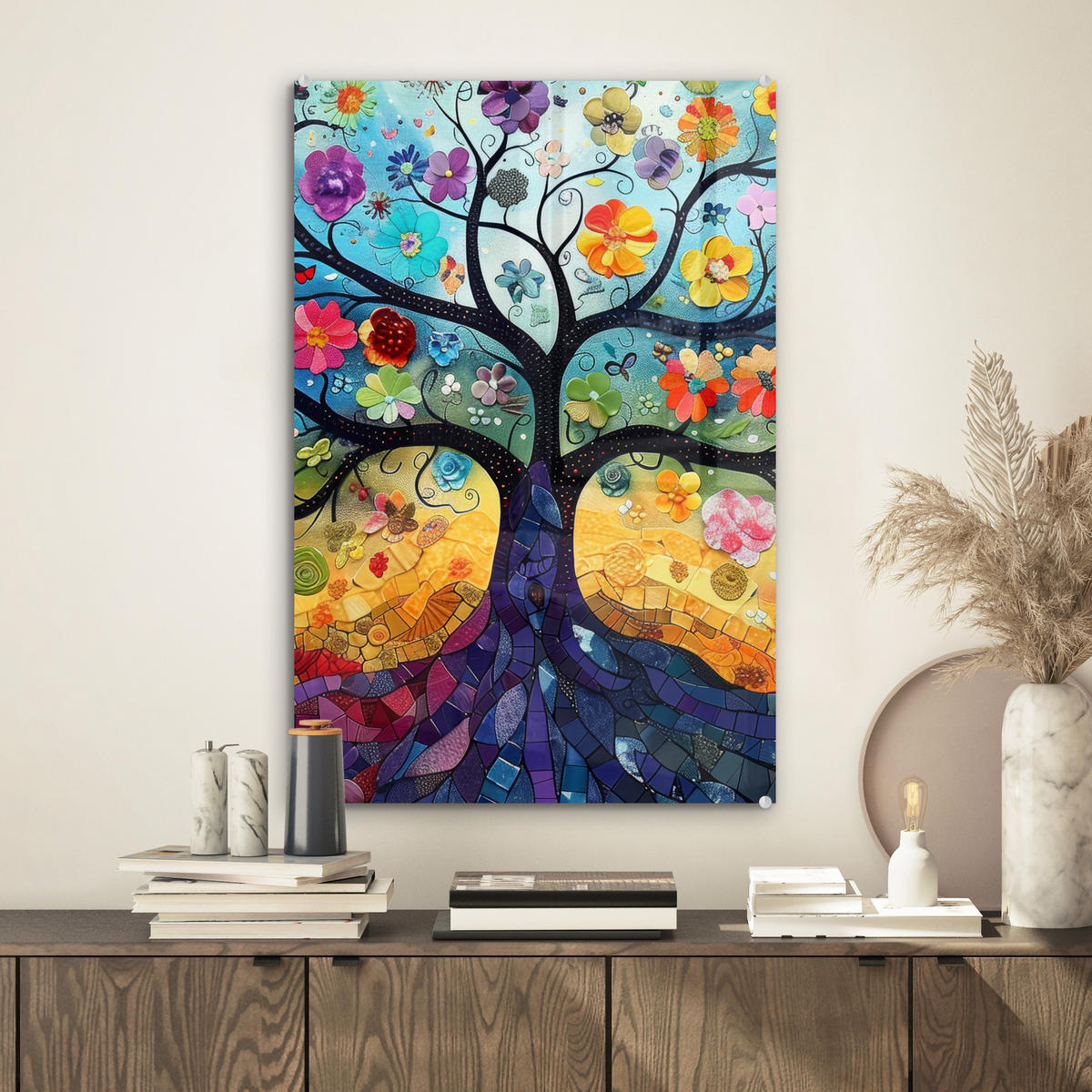 ACRYLGLASBILD Kunst - Baum des Lebens - Blumen - Hippie 40x60 cm - Dunkelblau, Glas (40/60cm) - MuchoWow