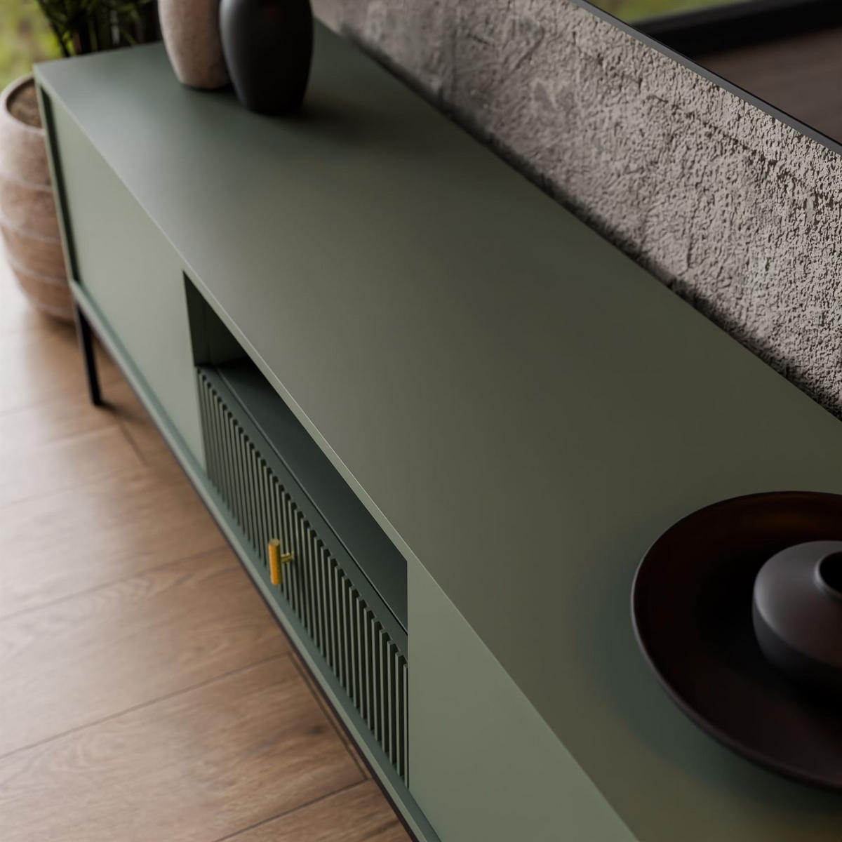 TV-ELEMENT MIDNIGHT mit Schubladen auf Gestell grün - Schwarz/Grün, Holzwerkstoff (154.5/52.5/39cm) - Lookway