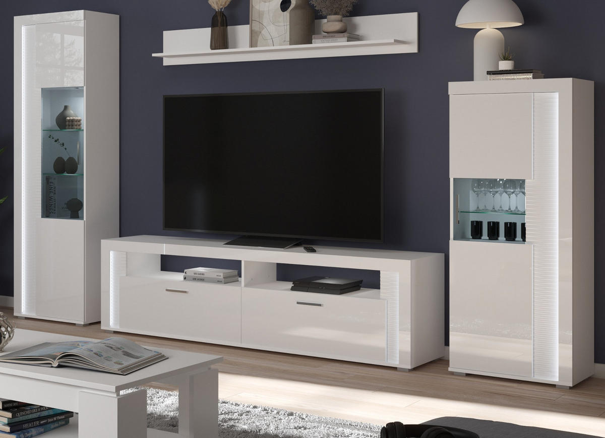 WOHNWAND weiß Hochglanz 350 cm, Soft-Close-Funktion, inkl. Beleuchtung - Weiß Hochglanz/Silberfarben, Glas/Holzwerkstoff (351/202/46cm) - Inn.Furn