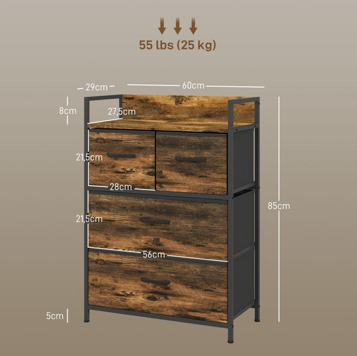 KOMMODE aus Polyester und Stahl 29x60x85 cm Rustikalbraun mit 4 Stoffschubladen, Ablage und Industrial-Design - Braun, Holzwerkstoff (60/85/29cm) - Modfu