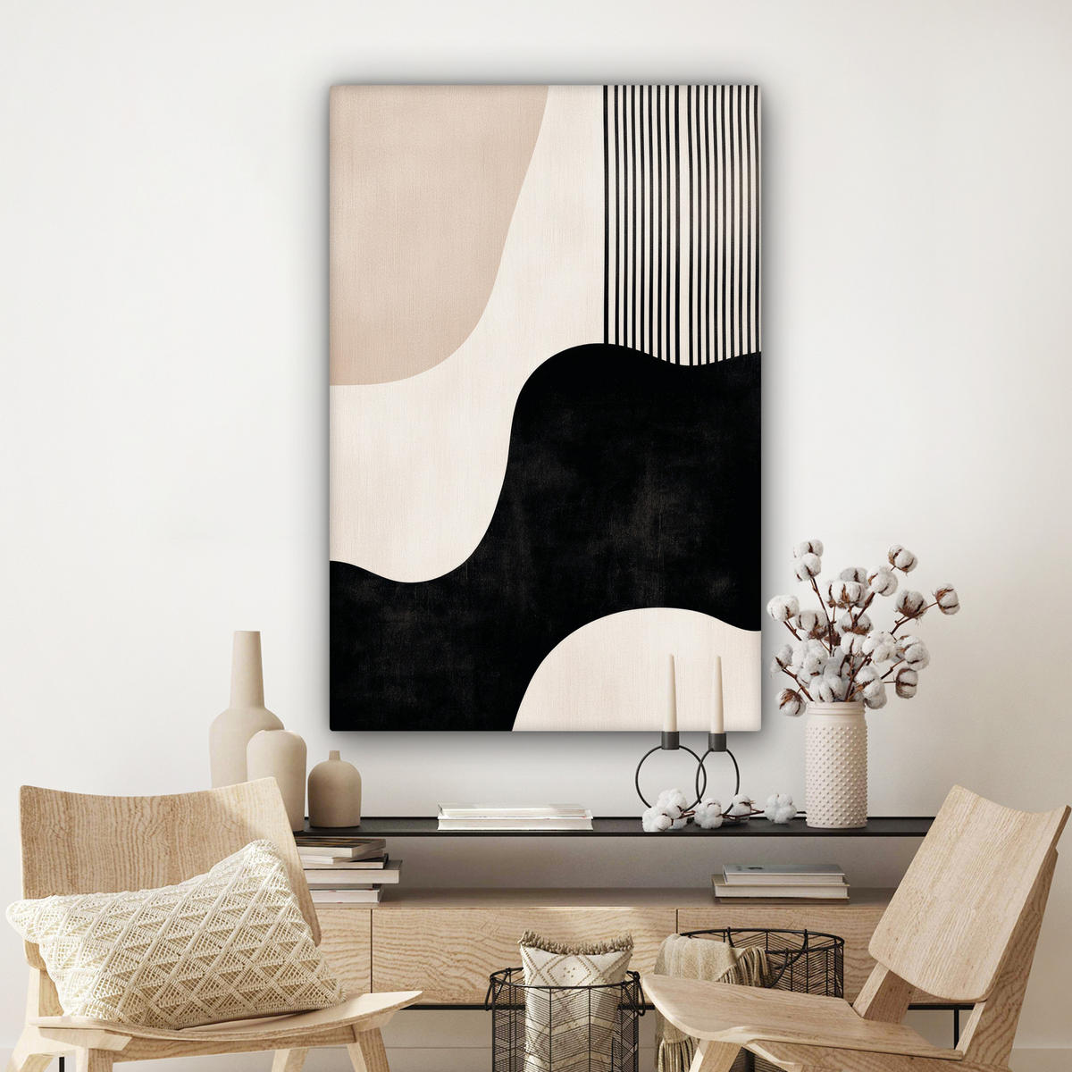 LEINWANDBILD Abstrakt - Japandi - Beige - Modern Deko Groß 90x140 cm - Schwarz, Textil (90/140cm) - MuchoWow