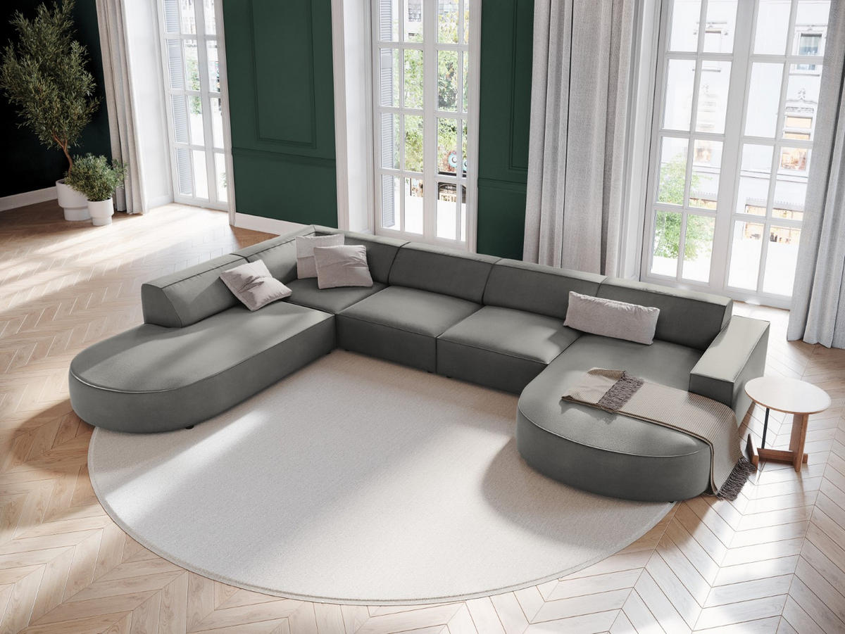 PANORAMASOFA links Jodie aus Samt hellgrau 7 Sitzplätze - Hellgrau, Textil (262/70/364cm) - Micadoni
