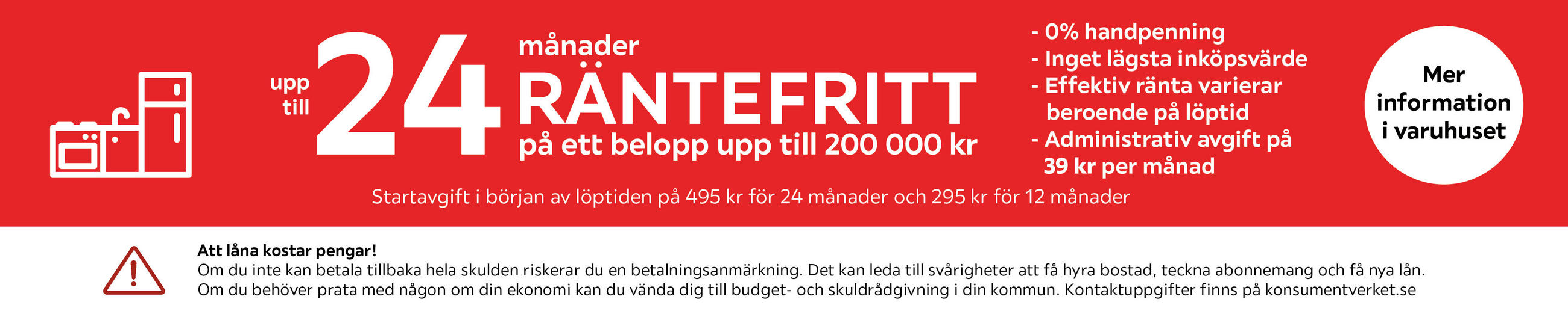 Upp till 24 månader räntefritt på ett belopp upp till 200000:- 