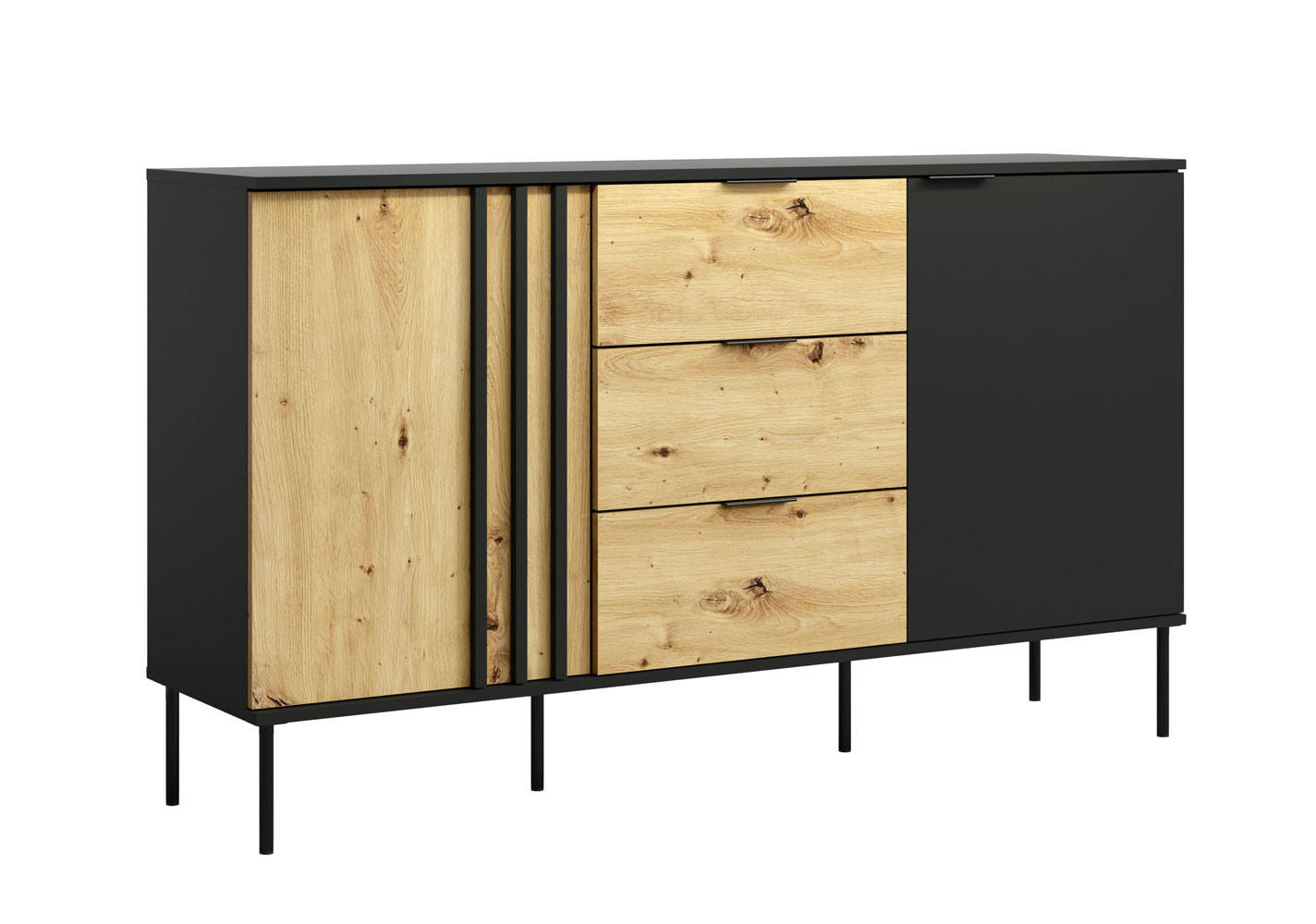 SIDEBOARD Rodgau Eiche Artisan / Schwarz 165 / 40 / 92cm - Eichefarben/Multicolor, Holz/Holzwerkstoff (165/92/40cm) - Feldmann-Wohnen