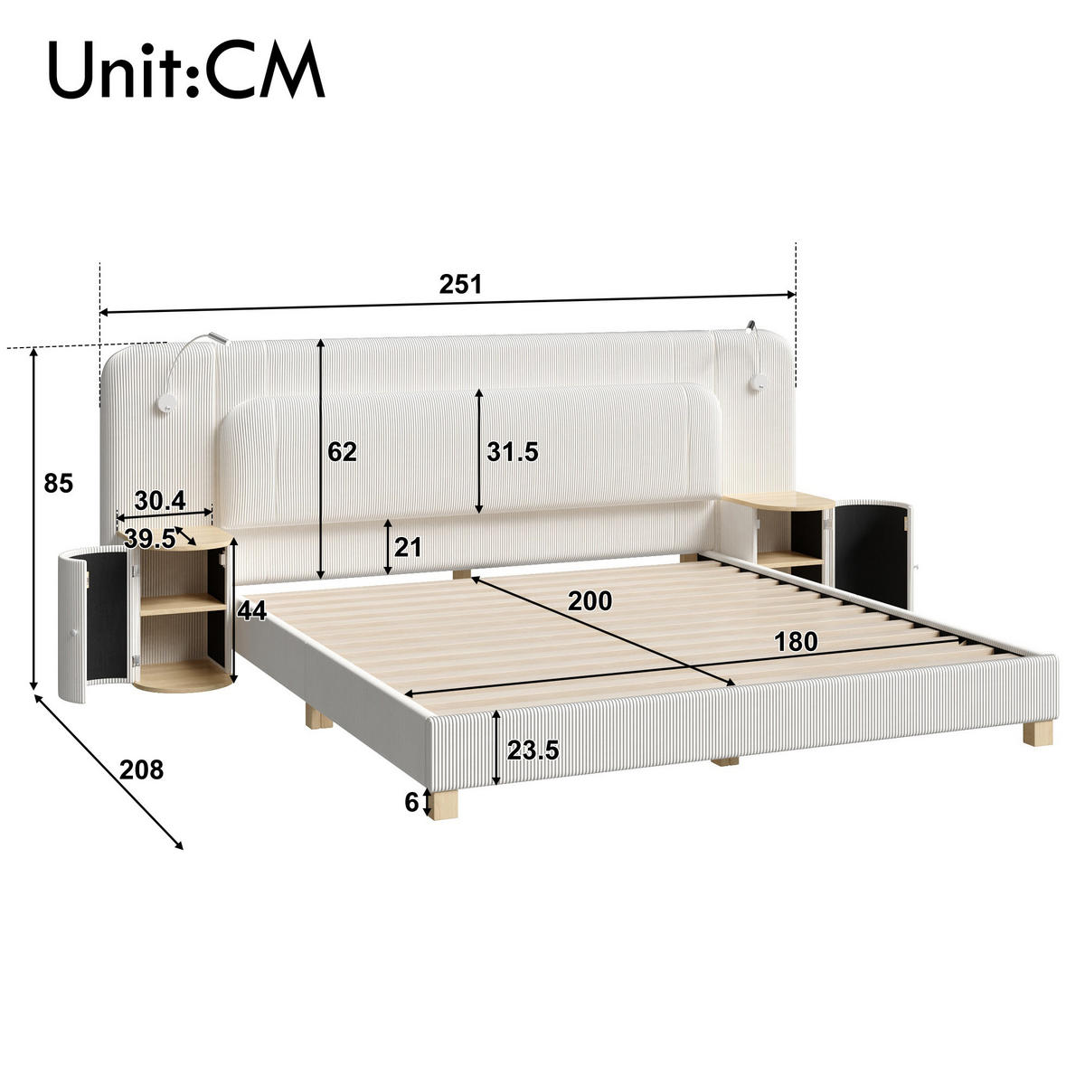 POLSTERBETT 180/200 cm mit Nachttischen und LED, DE-41849, in Beige - Beige, Holzwerkstoff (180/200cm) - ComfortXL