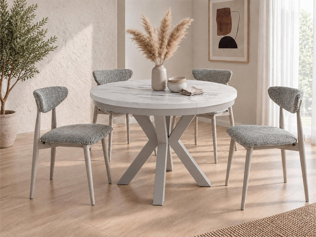 ESSTISCH Clara Grau-Beige runder ausziehbarer, Marmor Weiß 120-200/120/76 cm - Ecru/Weiß, Holzwerkstoff/Metall (120/196/76cm) - WFL GROUP