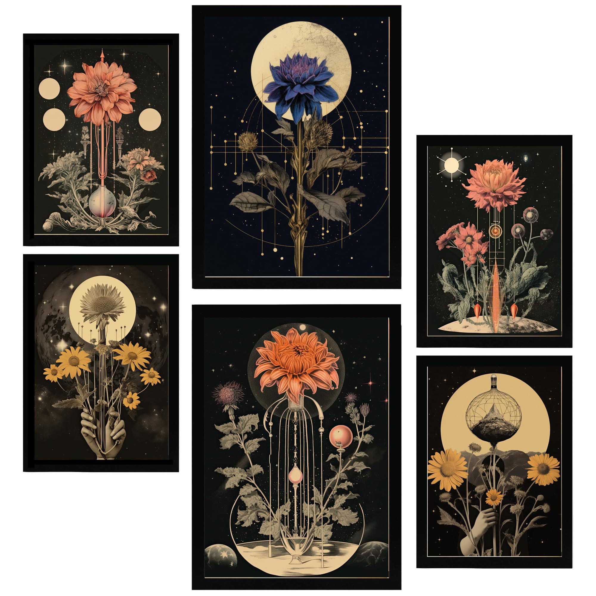 POSTER Set Mit 6 Illustration Mystischen Esoterischen A3 & A4 Schwarzer Rahmen - Schwarz, Papier (29/3cm) - Nacnic