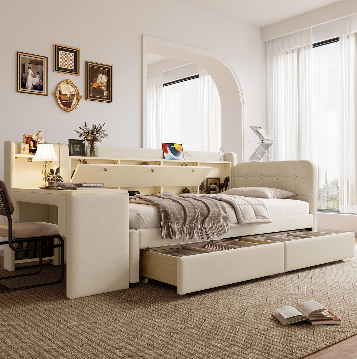 POLSTERBETT 90/200 cm mit Schreibtisch, 2 Schubladen, USB- und Typ-C-Anschluss, Leinenbezug, Beige - Beige, Textil (90/200cm) - Redom