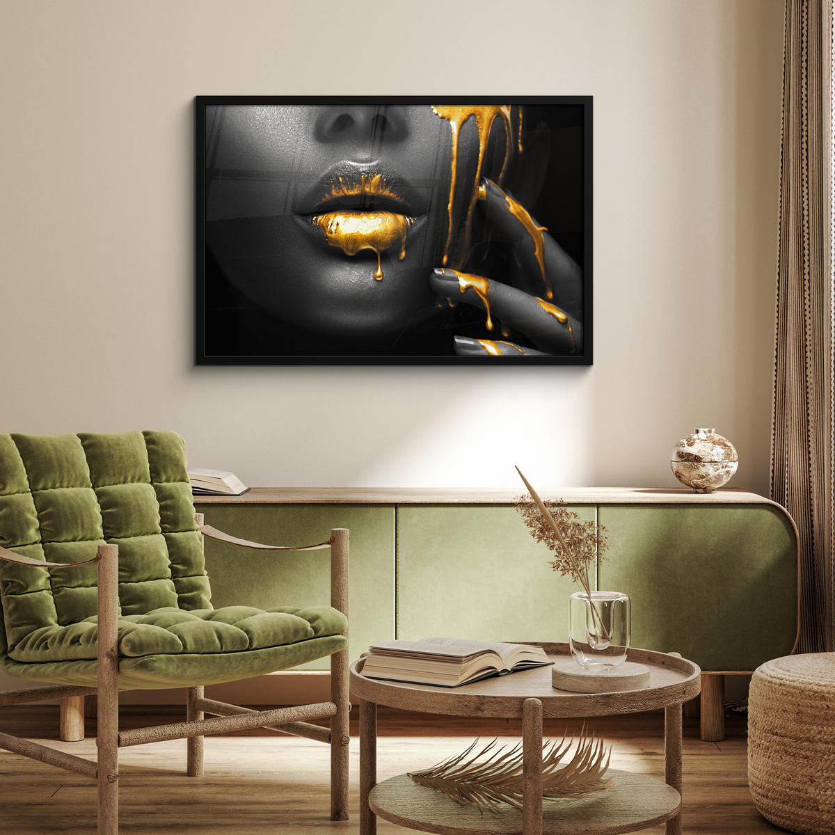 ZARÁMOVANÝ PLAGÁT Žena - čierna - zlatá - tvár - pery 90x60 cm - zlatá, papier (90/60cm) - MuchoWow