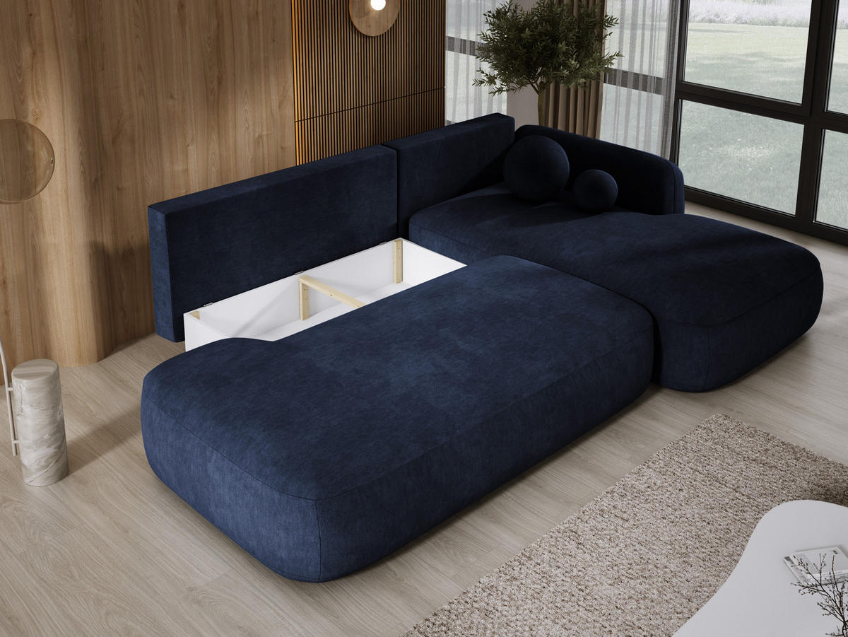 ECKSOFA BABU mit Bettfunktion – Moderne Polsterecke für Wohnzimmer, Funktionales Schlafsofa im Stoff CLOUD, 300x105x60 cm, Rechte, – Blau - Blau, Holz/Textil (300/190cm) - DomoHome