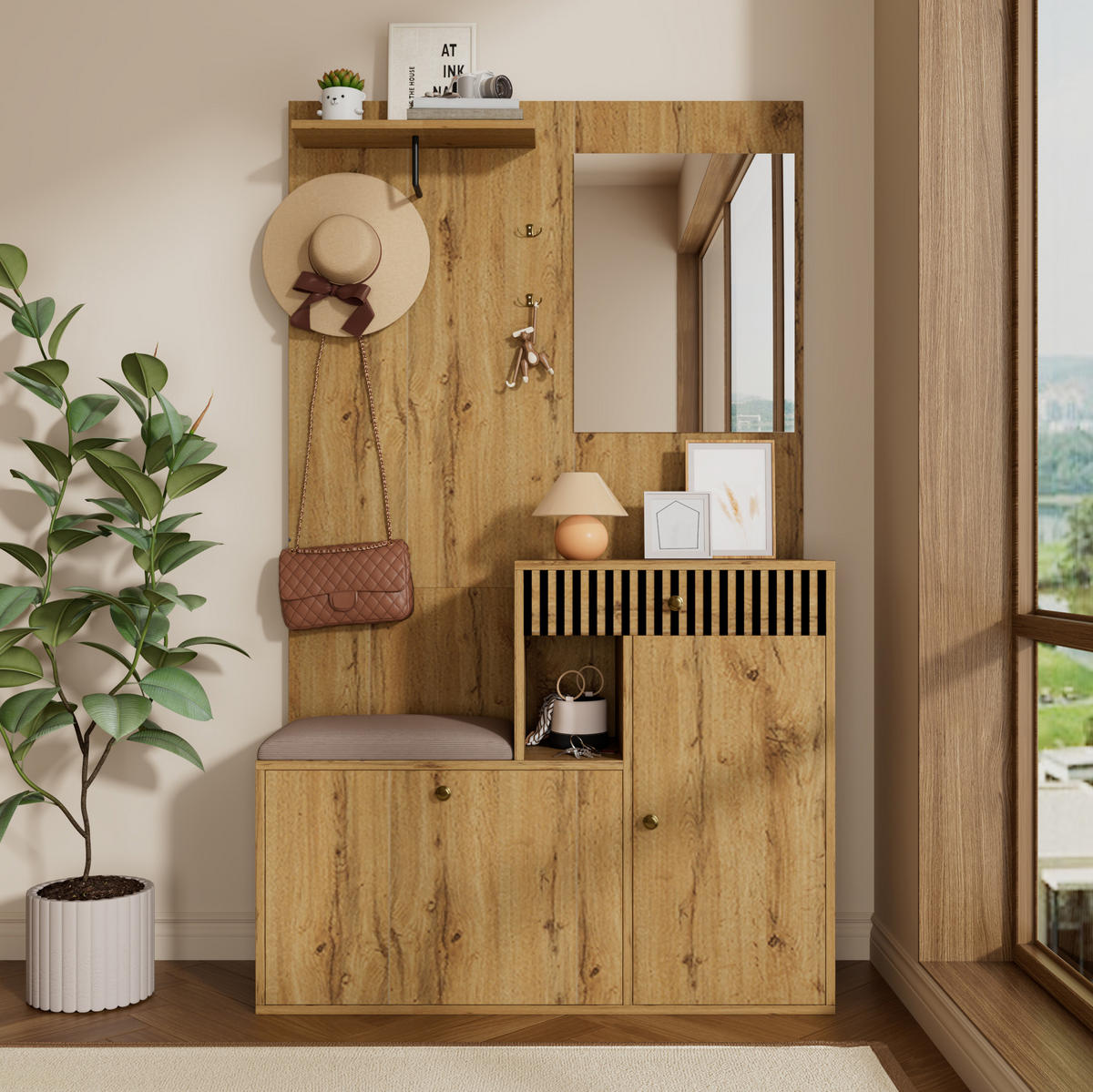 SCHUHSCHRANK aus MDF 110x37x185.5cm in Natur mit Spiegel - Naturfarben, Holzwerkstoff (110/185.5/37cm) - Modfu