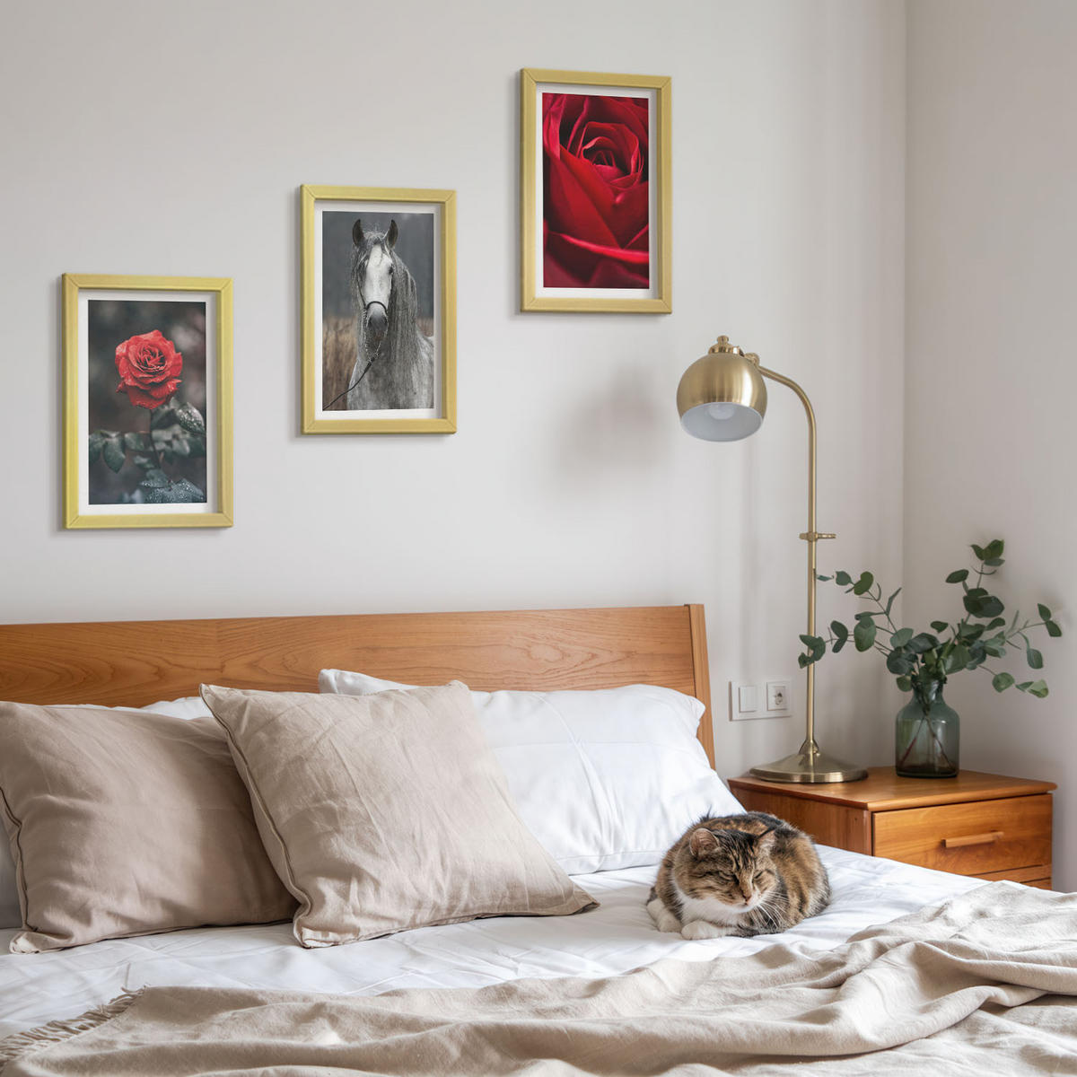 WANDBILDER 3er Set - 20x30 cm Goldrahmen - Rote Rosen, Pferdegrau, Welt - Goldfarben, Kunststoff (20/30cm) - ArtPrintCave
