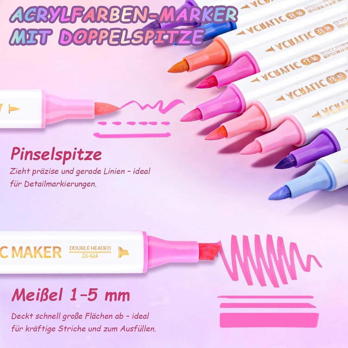ACRYLSTIFTE 48 Farben 24 Stück Set Doppelspitzen für Stein, Holz, Glas - Multicolor, Kunststoff (1.5/1.5/15cm)
