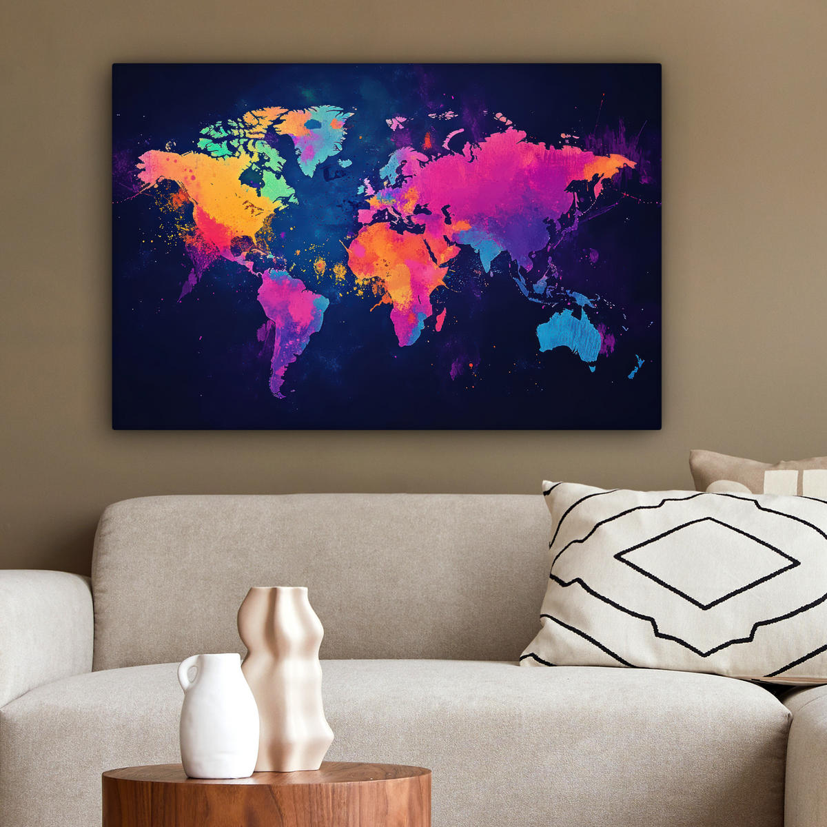 LEINWANDBILD Weltkarte - Bunt - Graffiti Wanddeko 90x60 cm - Multicolor, Textil (90/60cm) - MuchoWow