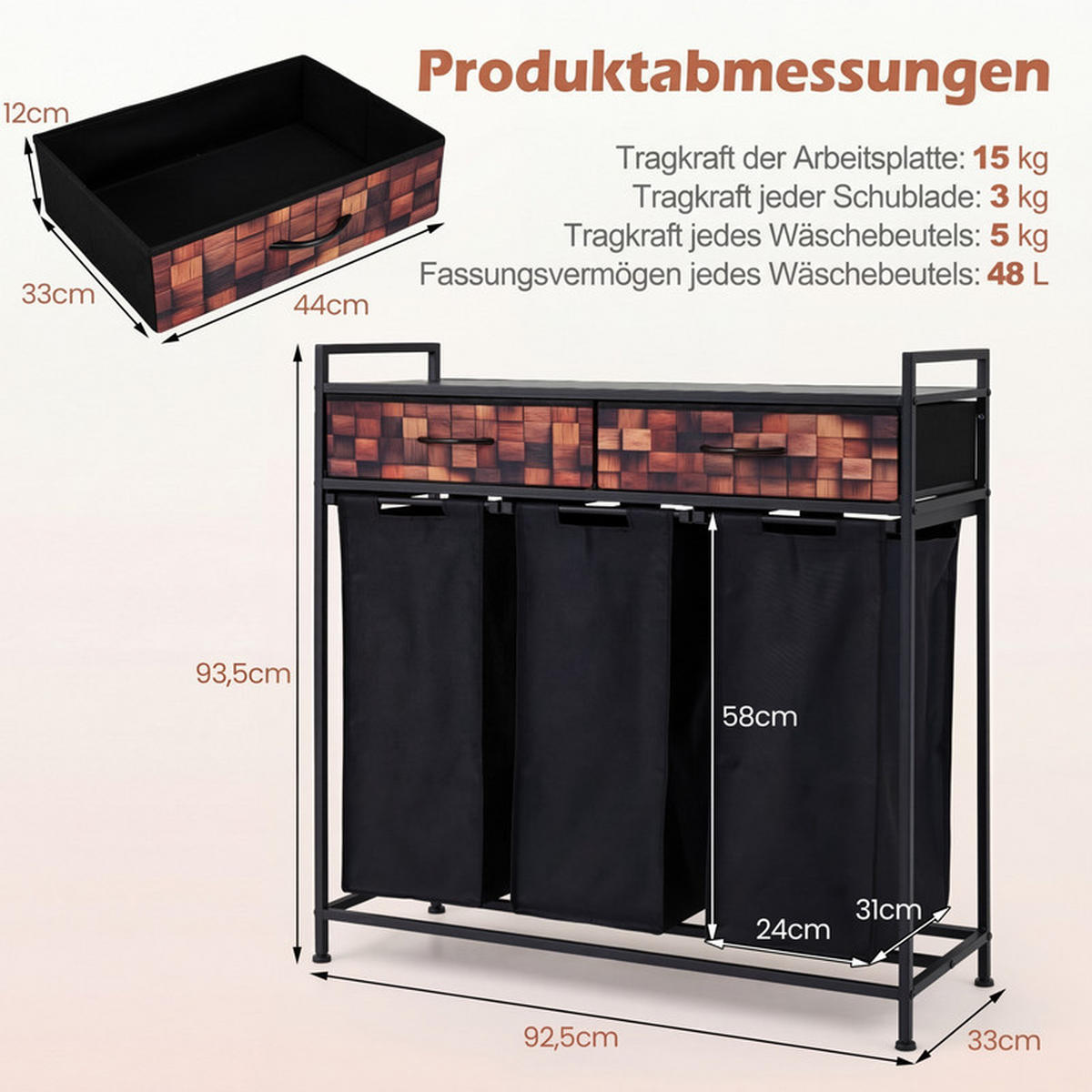 WÄSCHEKORB mit Wäschesäcken schwarz - Schwarz, Metall (92.5/93.5/33cm) - COSTWAY