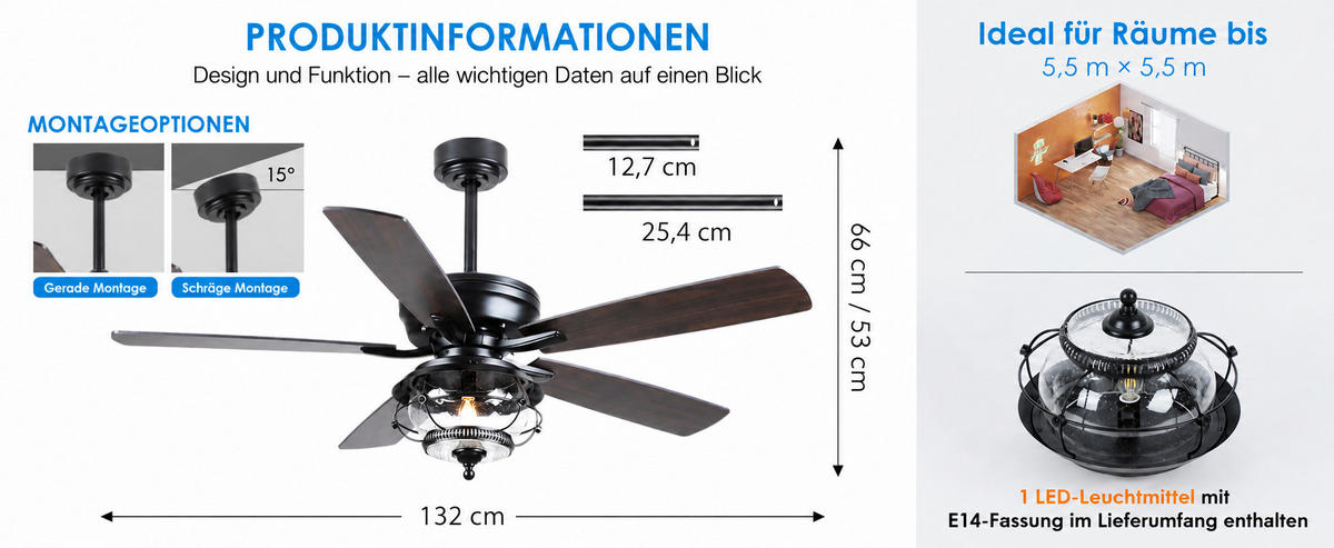 DECKENVENTILATOR für geschützte Außenbereiche Schwarz 132 cm mit LED und leisem DC-Motor 5012 - Schwarz, Metall (132/132/53cm) - Surtime