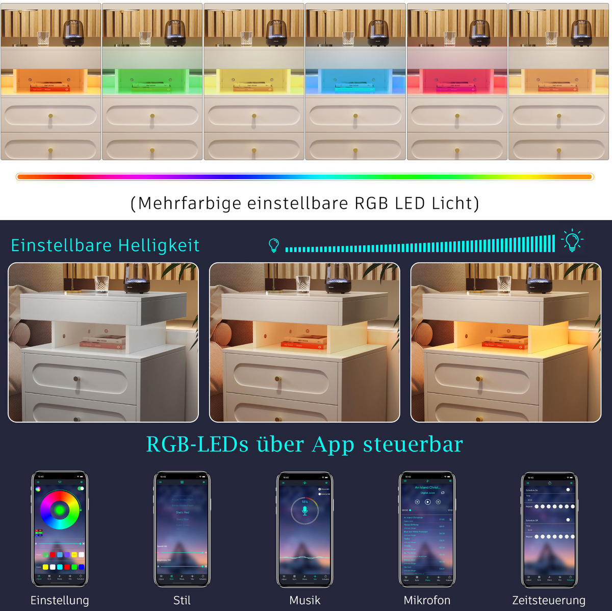 NACHTTISCH 100/40/60 cm in Weiß mit LED-Beleuchtung und 2 Schubladen - Weiß, Holzwerkstoff (100/60/40cm) - Flora Grace