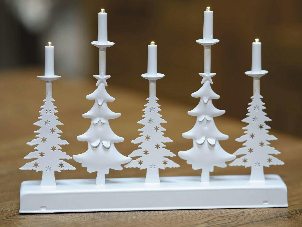 LED-WEIHNACHTSLEUCHTER mit Bäumen und Kerzen, Warmweiß, 24 cm, mit Timer - Weiß, Metall (32.5/24/5cm) - LAALU