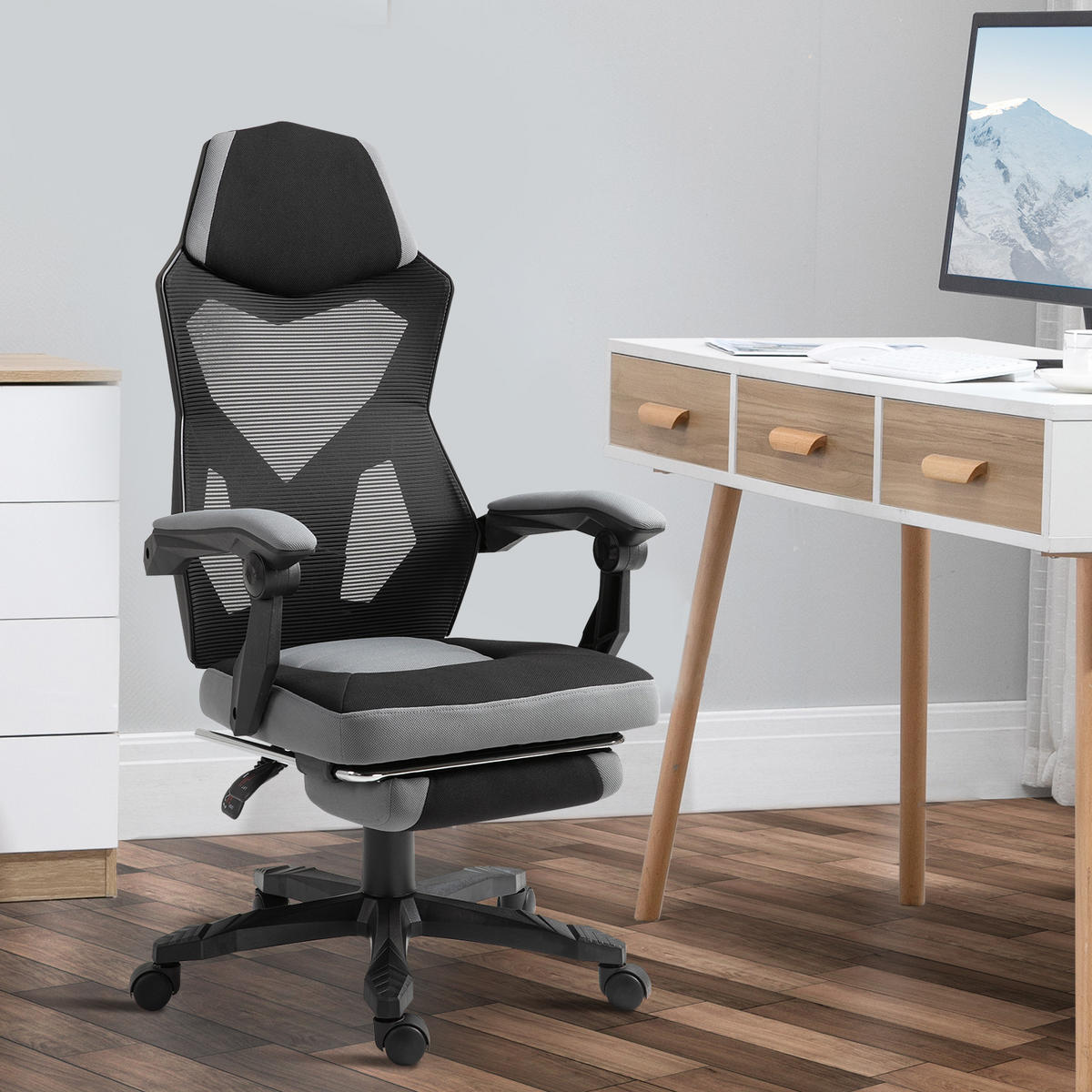 GAMINGSTUHL DE-11667 mit Fußstütze & Mesh Grau/Schwarz - Grau, Metall (160.02/309.88/147.32cm) - ComfortXL