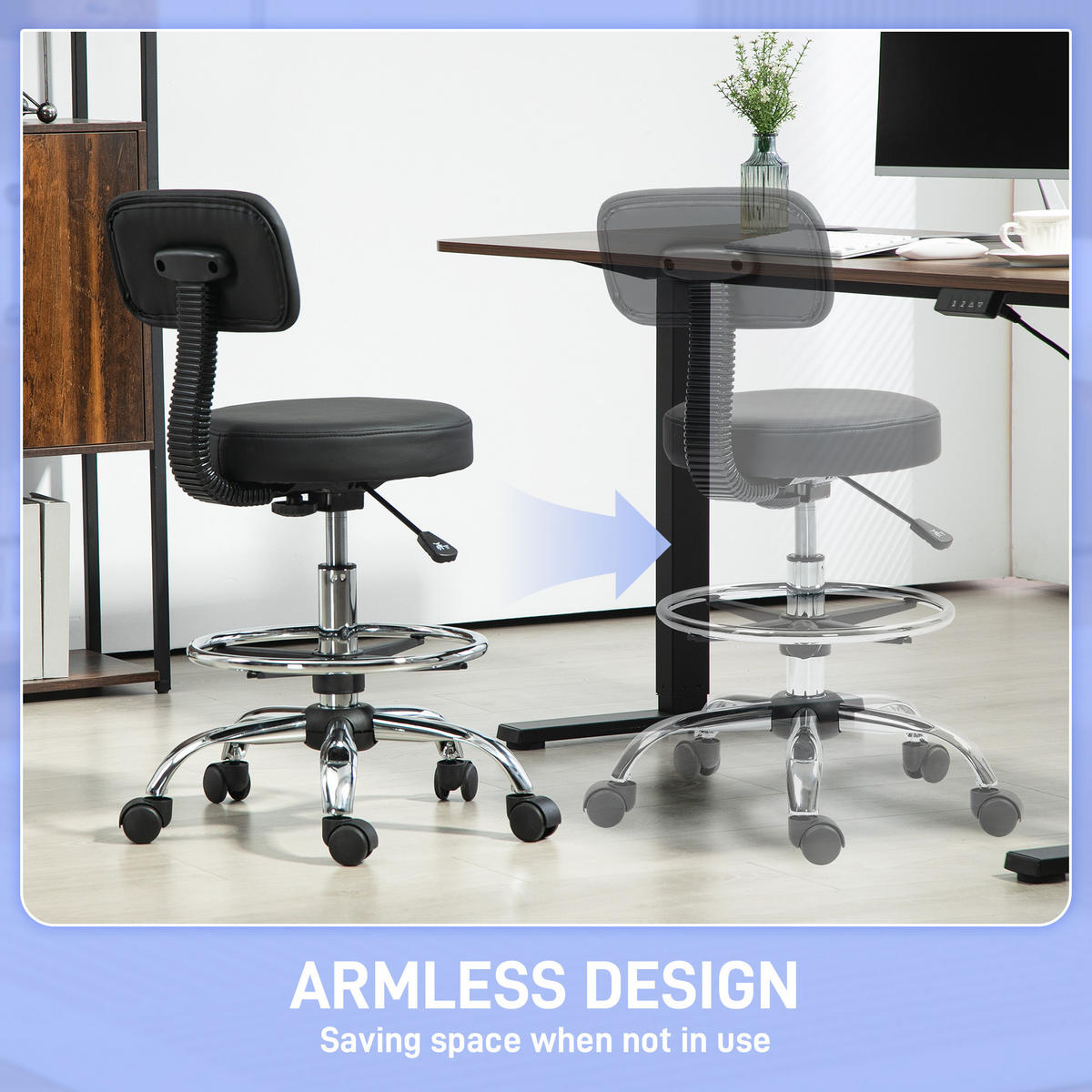 BÜROSTUHL Ergonomischer Zeichenstuhl, Höhenverstellbar Computerstuhl mit Fußring - Schwarz, Kunststoff (52/92/52cm) - HOMCOM