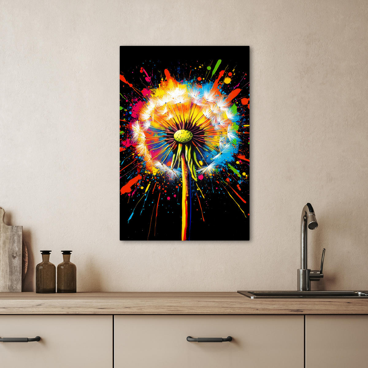 LEINWANDBILD Löwenzahn - Graffiti - Farbenfroh - Blumen - Natur 40x60 cm - Multicolor, Textil (40/60cm) - MuchoWow