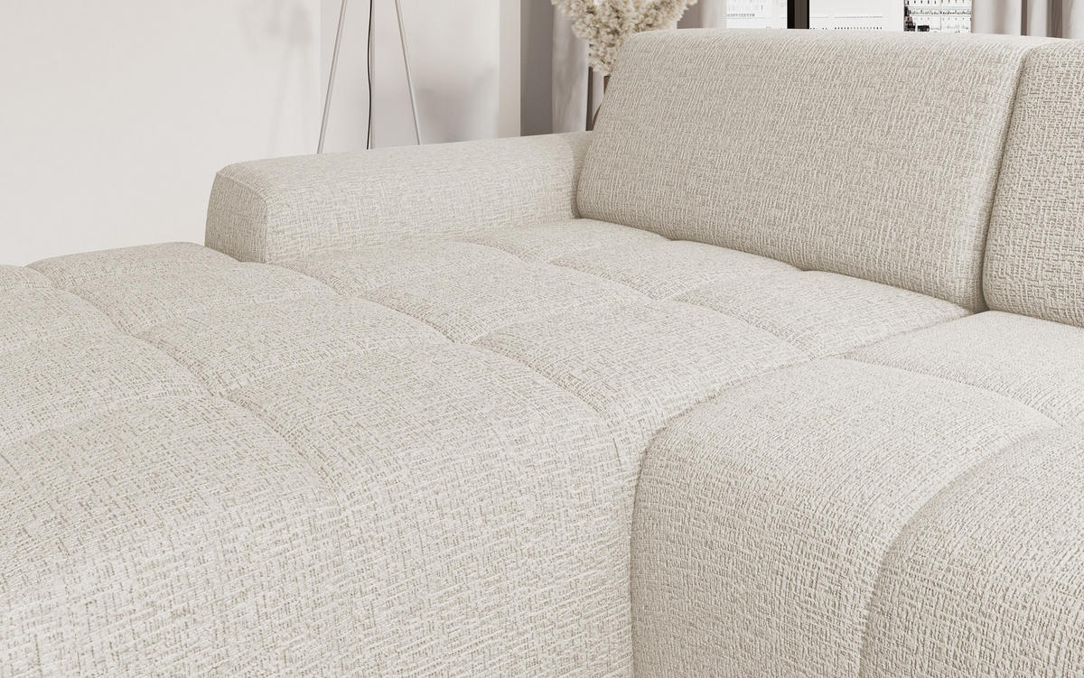 ECKSOFA Savio Freistehend, mit Abriebfestem Kansas-Stoff, Maße 265x172x81 cm, Ausziehbare Sitzfläche 206x92 cm, Rechte, – Helles Beige - Ecru, Holz/Textil (265/172cm) - DomoHome