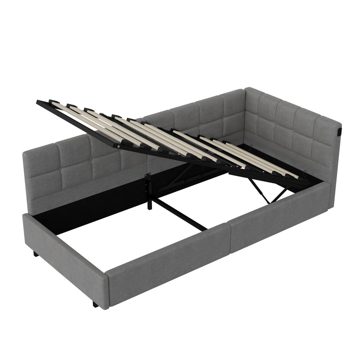 POLSTERBETT 90x200 cm Grau mit hydraulischem Stauraum, LED Beleuchtung, Eckbett mit Rückenlehne - Grau, Metall (90/200cm) - EuroLiving