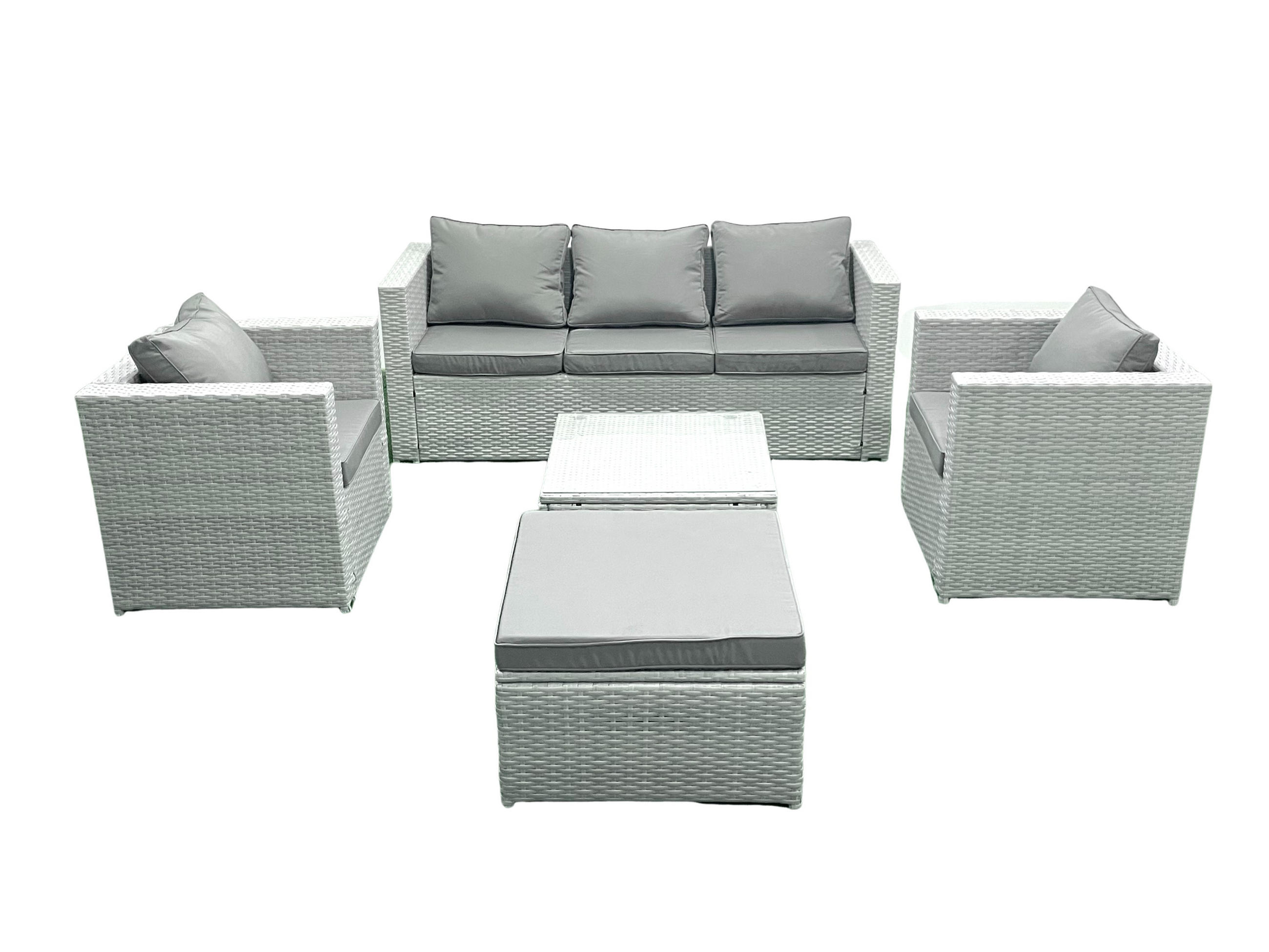 GARTENMÖBEL-SET mit Kissen Polyrattan Hellgrau-Mix 6-Sitzer - Hellgrau/Grau, Glas/Kunststoff - Fimous